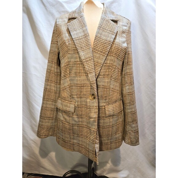 Sanctuary Classic Brown Houndstooth Plaid Blazer Stretchy Knit, Oversized Small - Picture 4 of 10